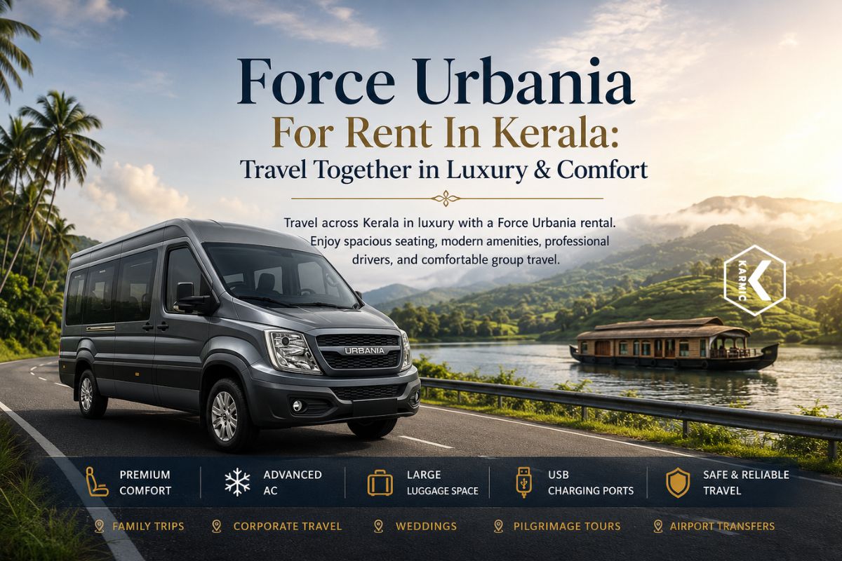 Force Urbania For Rent In Kerala luxury group travel vehicle on a scenic Kerala road